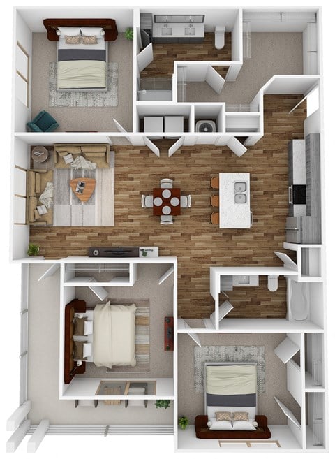 3 Bed 2 Bath Floor Plan a 3d rendering of our 1 bedroom apartment at princeton court apartments in dallas  at City Place, Memphis, 38125
